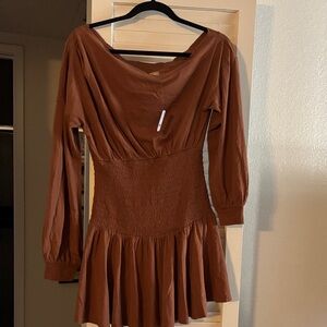 Free People Rust Brown Long-Sleeve Smocked-Waist Mini Dress